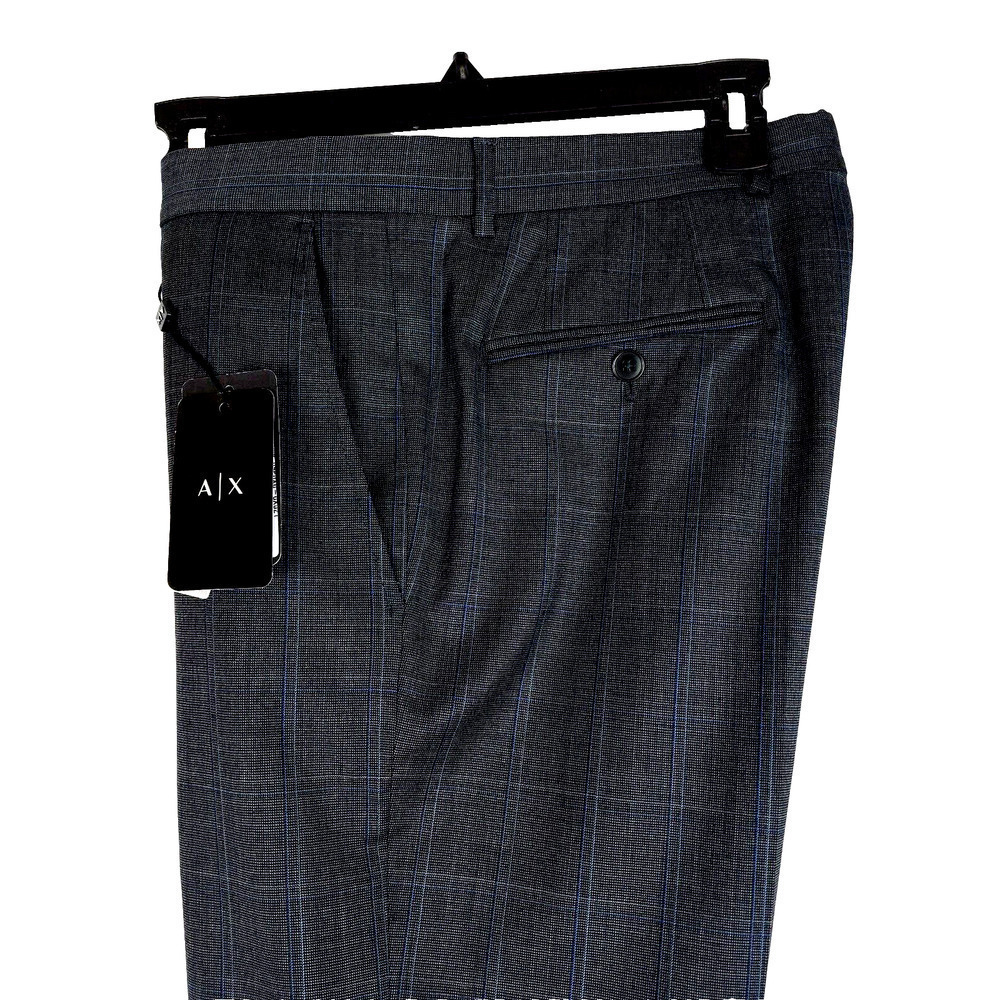 Armani Exchange Mens Modern Fit Suit Pants 36 W Grey Blue Plaid Stretch Wool NWT